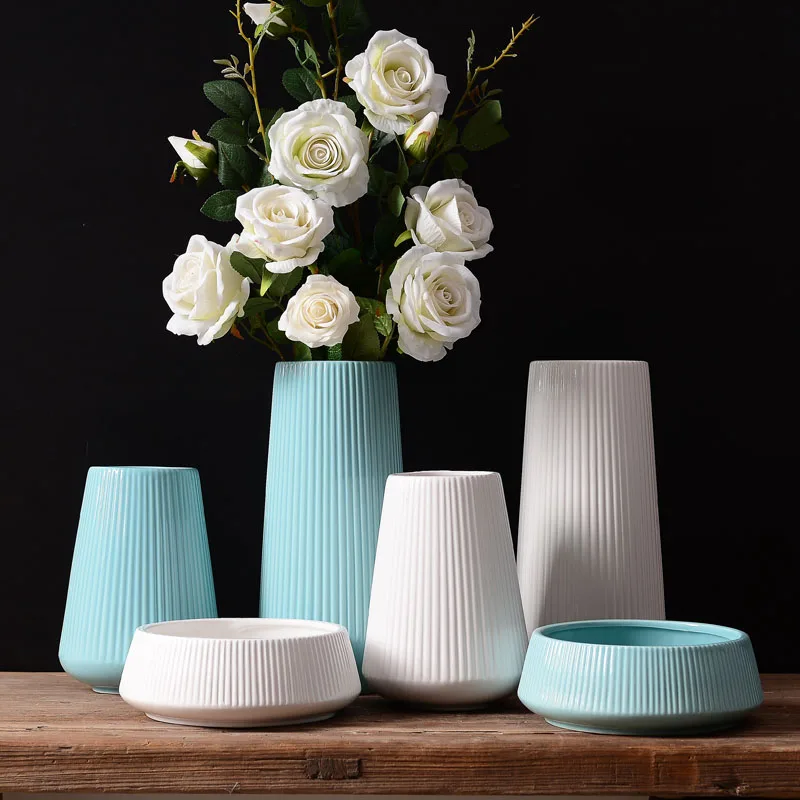 

Vase White Blue Ceramic Vase Simple Modern Dried Flowers Vases Striped Bottle Nordic Style Living Room Home Tabletop Decoration