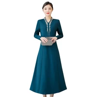 winter warm thicken chinese cheongsam bottomed blue dress retro embroidery plush vestidos robes ladies dresses