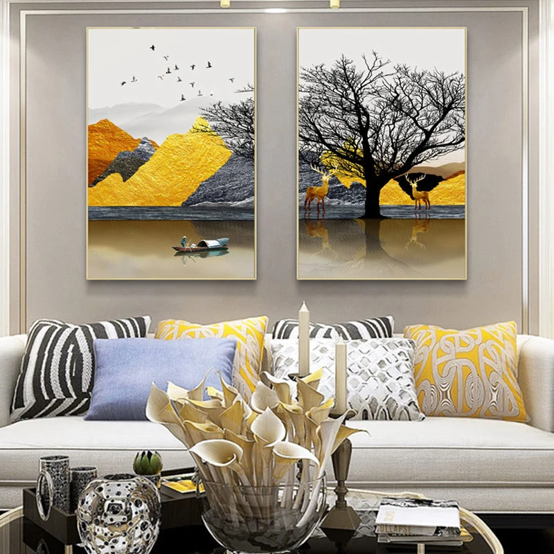 Скандинавские пейзажи современный минималистичный Желтый горный Лось богатое