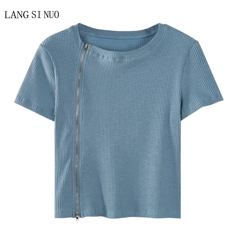 

Летняя приталенная Однотонная футболка с круглым вырезом и короткими рукавами, со скошенной двухсторонней молнией в Корейском стиле, униве...