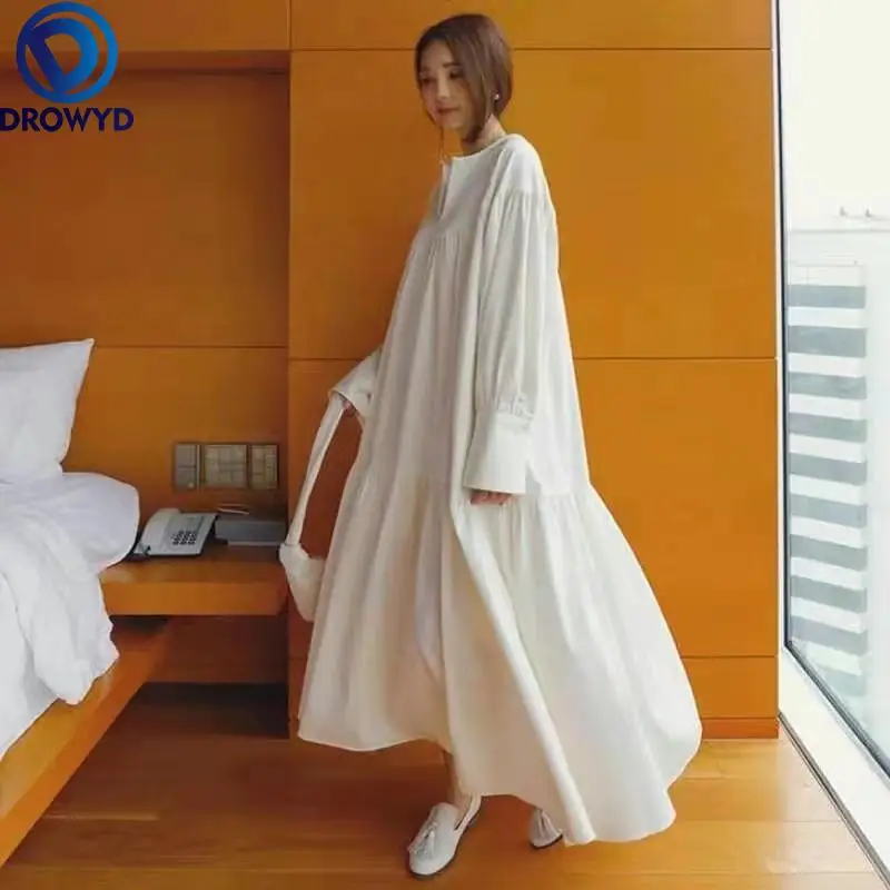 

Spring and Summer Long-sleeved New Dress Female 2021 White Long Dress Women Loose V-neck Cotton Dresses Elegant Party Vestidos