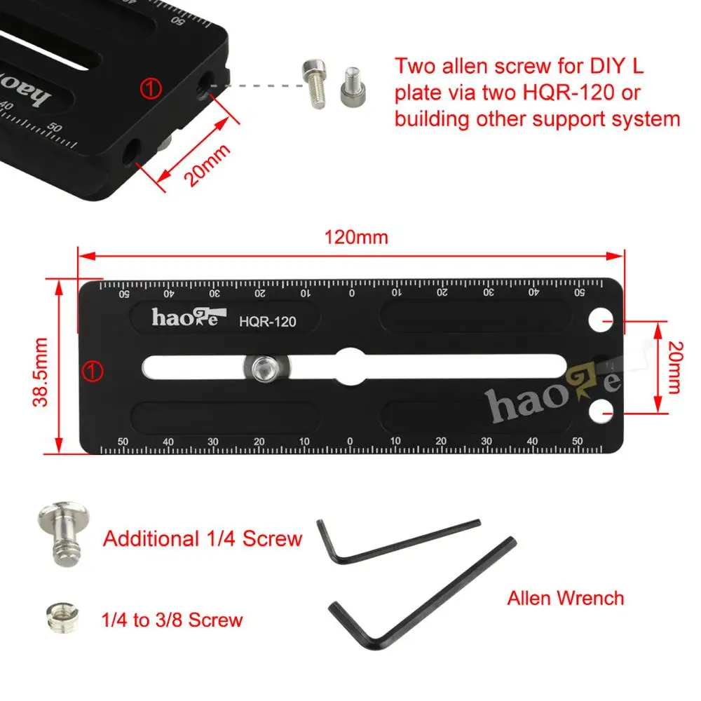 Haoge 120mm Multi-purpose Long Quick Release Extender Rail Sliding Plate for Camera Tripod Ballhead Clamp fit Benro Arca Swiss |