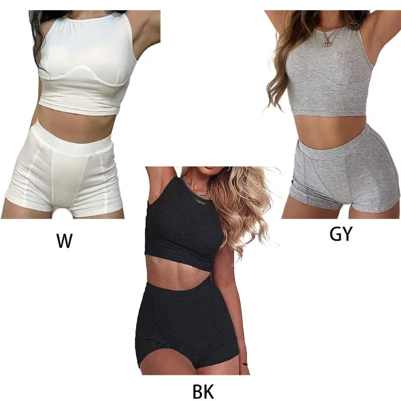 

Женский летний спортивный костюм из 2 предметов, однотонный укороченный топ без рукавов с высокой талией, шорты в полоску для фитнеса, облег...