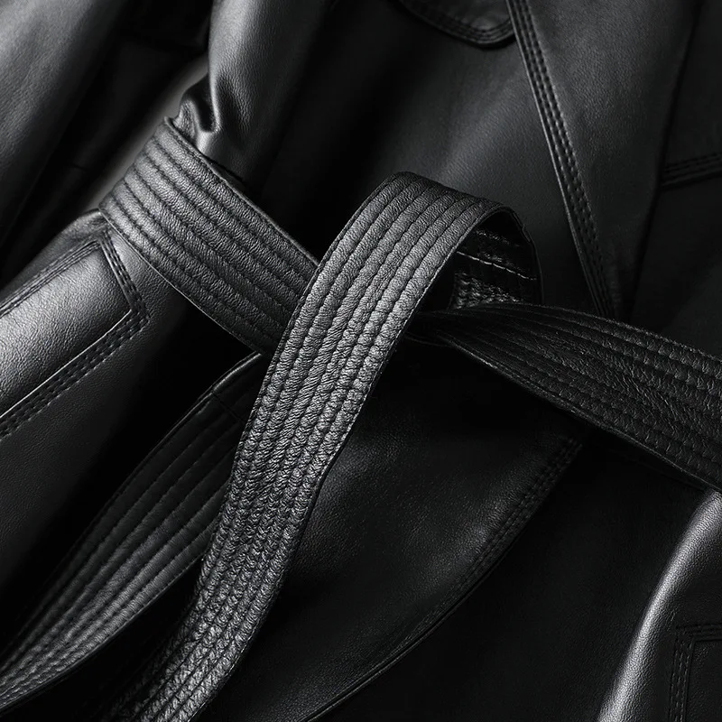 2021 Leather Shearling Jacket Belts Long Women Black Turn Down Collar Sheepskin Office Lady Genuine Leather Coats 3XL Plus Size