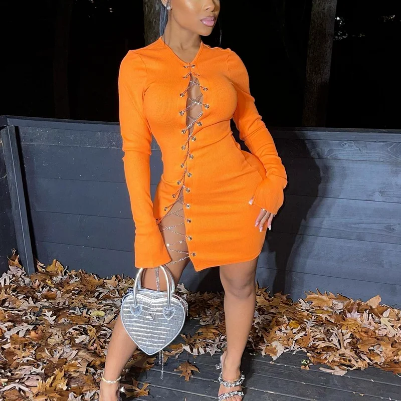 

Orange Black Women Bodycon Midi Dress 2021 New for Sexy Streetwear Long Sleeve Chain Lace Up Hollow Out Knit Ribbed Mini Dresses