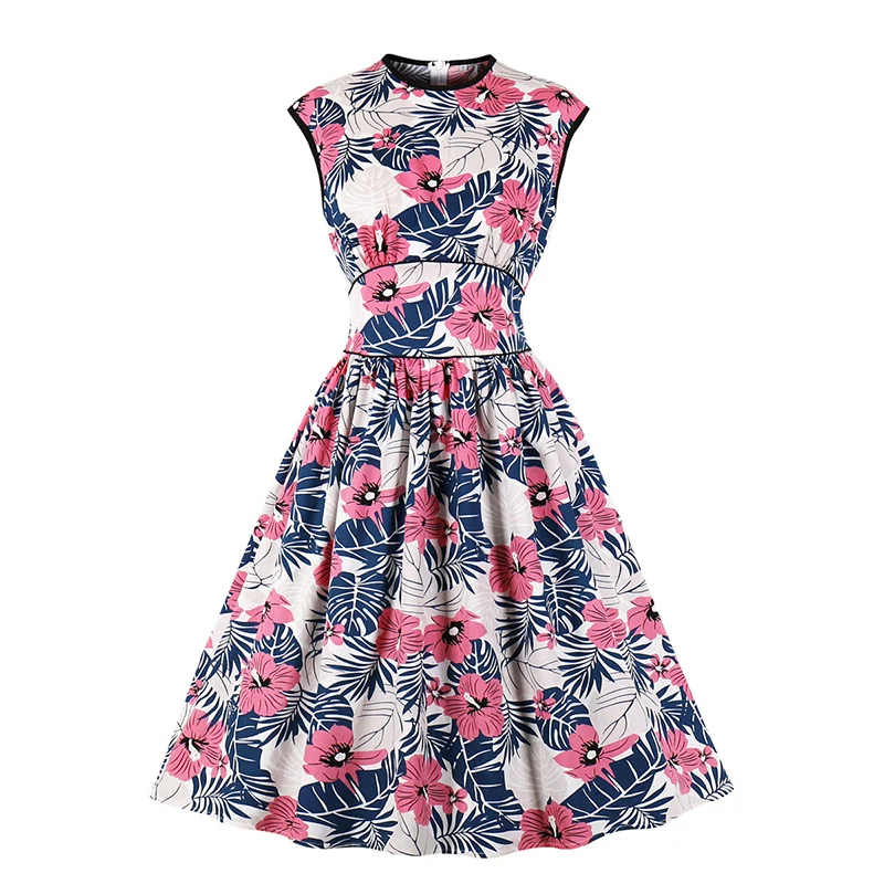 

Vestido de festa Summer 2020 Women Sleeveless O Neck High Waist Flower Printed Rockabilly pin up Casual dress party