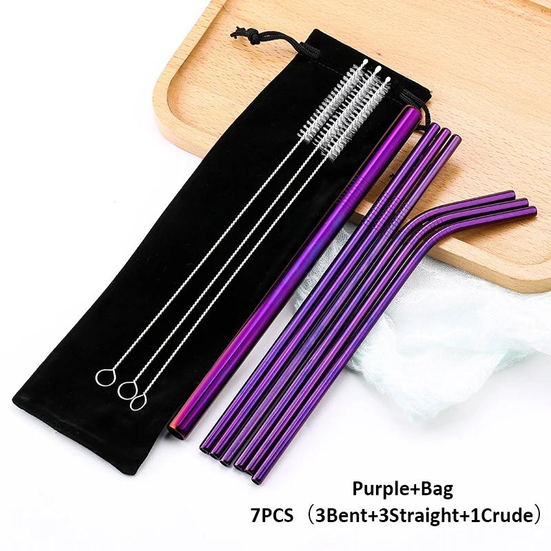 19 Purple Bag Многоразовые металлические трубочки для питья 304 нержавеющая сталь прочная изогнутая прямая соломинка для напитков с чистящей щеткой вечерние аксессуары - Цвет: 19 Purple Bag