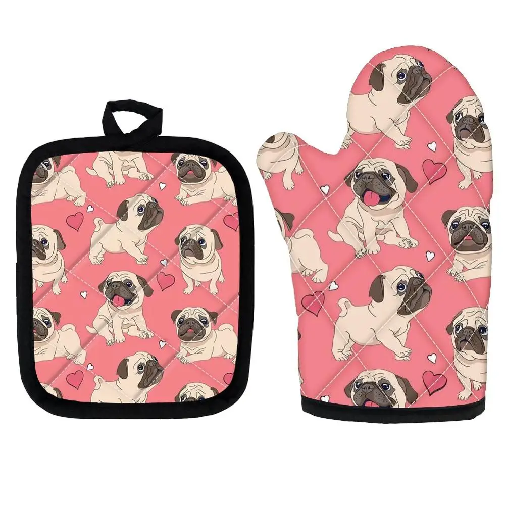 

Cute Pug Dog Pink Microwave Oven Insulation Gloves Thick Soft Fashion Polyester Kitchen Anti-Hot Supplies for Home Cooking Matts