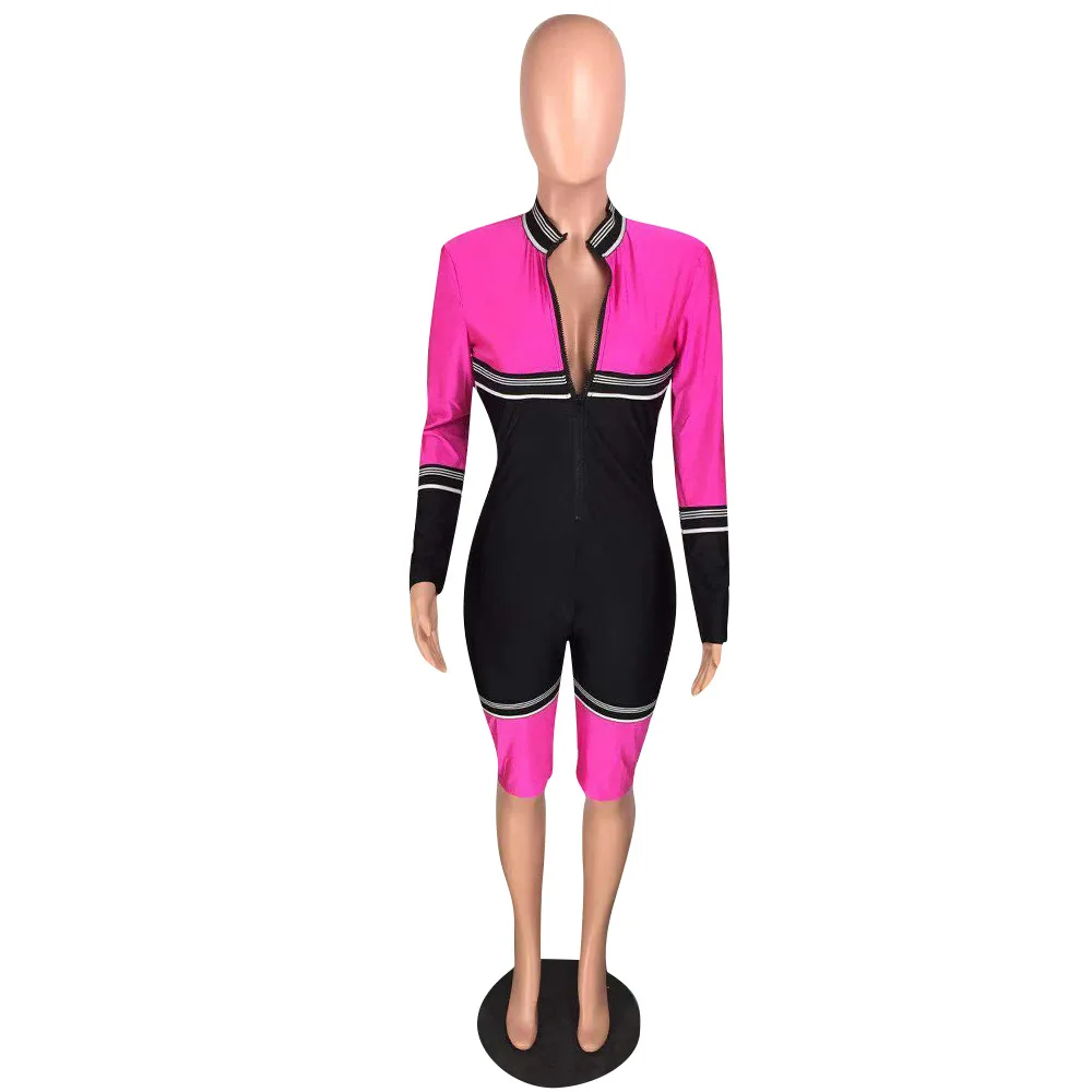 

Women summer playsuit full sleeve zipper fly color patchwork rompers 2020 female elastic skinny bodysuits new fashion