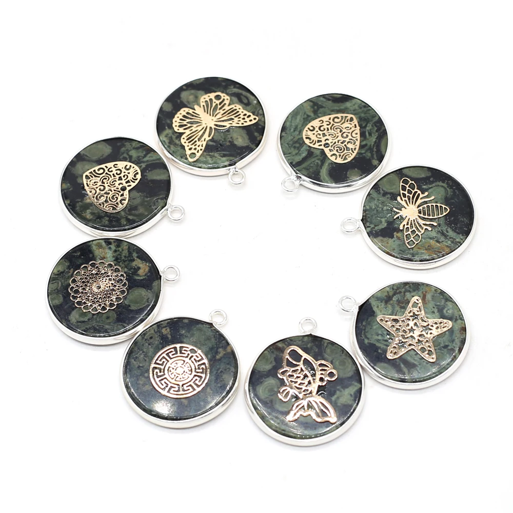 

Retro Round Pendant Natural Green Eye Stone Silver Edging Charm for Jewelry Making DIY Necklace Earring Accessories Gift 26x30mm
