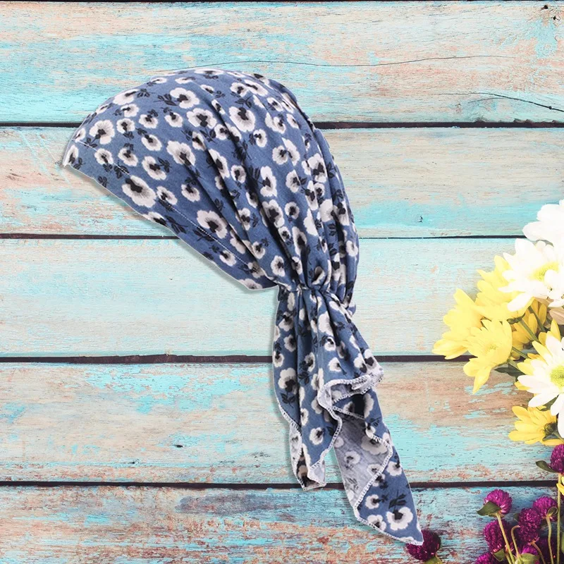 

New Muslim Women Soft Stretch Turban Hat Pre-Tied Head Scarf Printed Ladies Cotton Cancer Chemo Cap Inner Hijab Hair Accessories