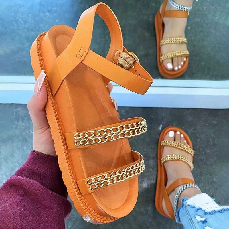 

2021 New Sandals Oversize Casual Roman Style Thick Bottom Chain Increase Fashion Breathable Women's Solid Color