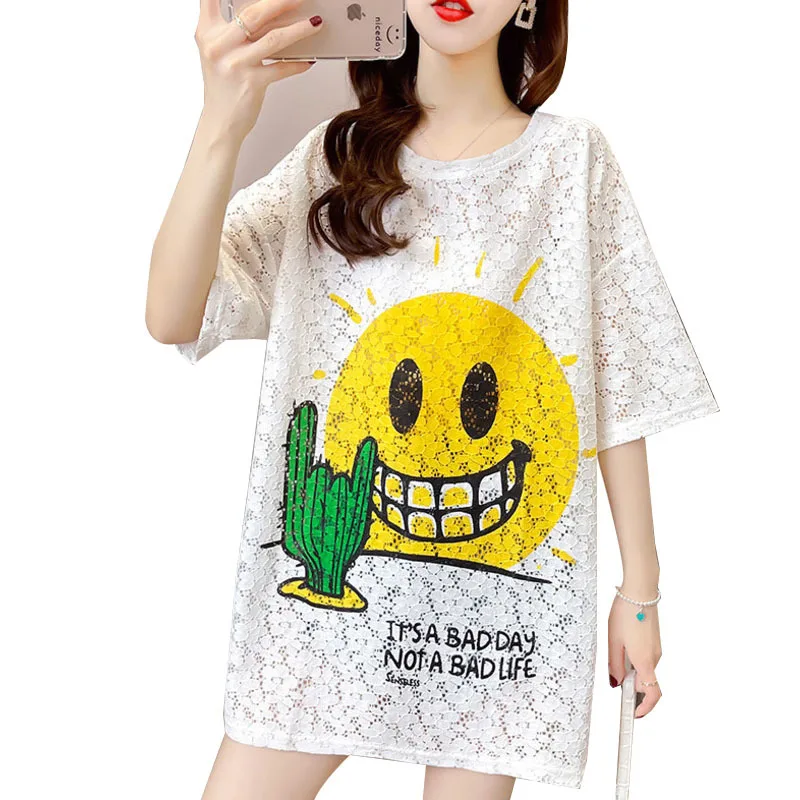 

Vefadisa Plus Size Women Lace Hollow Out T Shirt 2021 Women Cartoon Printed T Shirt Female Casual T Shirt ZQY082C