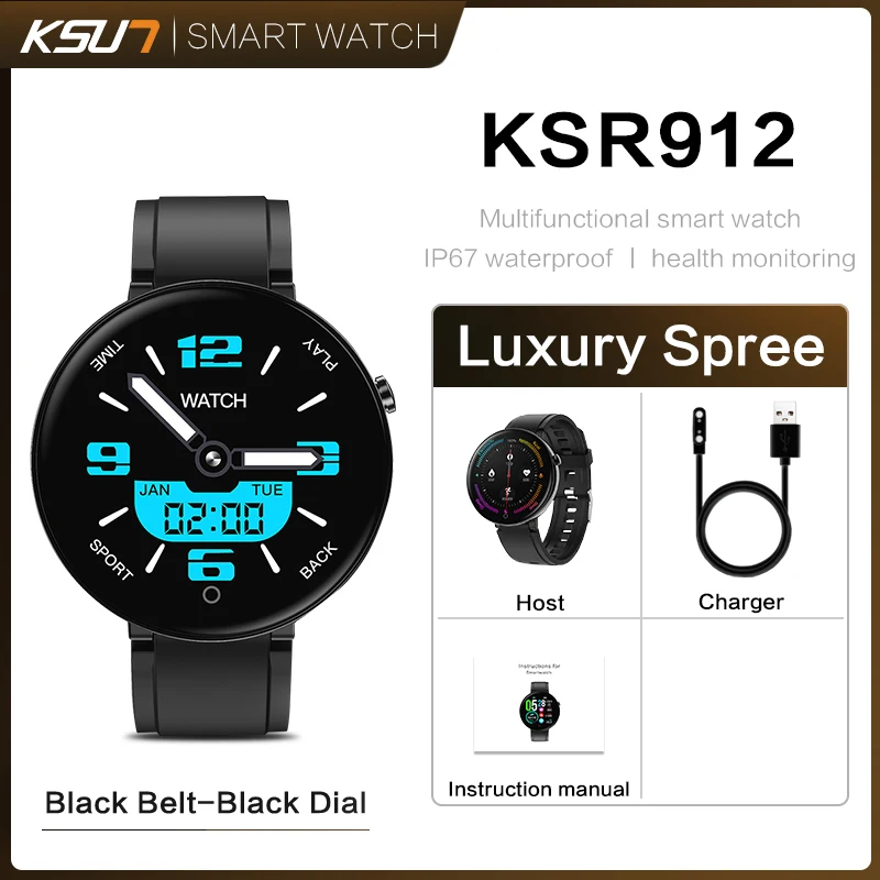 KSR912 женские мужские умные часы круглый Сенсорный экран для сердечного ритма Интеллектуальный фитнес-трекер IP67 Спортивный Браслет Смарт-часы браслет - Цвет: KSR912-Black