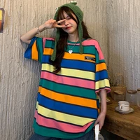 summer rainbow stripes short sleeve t shirts female oversized harajuku patchwork t shirt hip hop streetwear women y2k top 2021