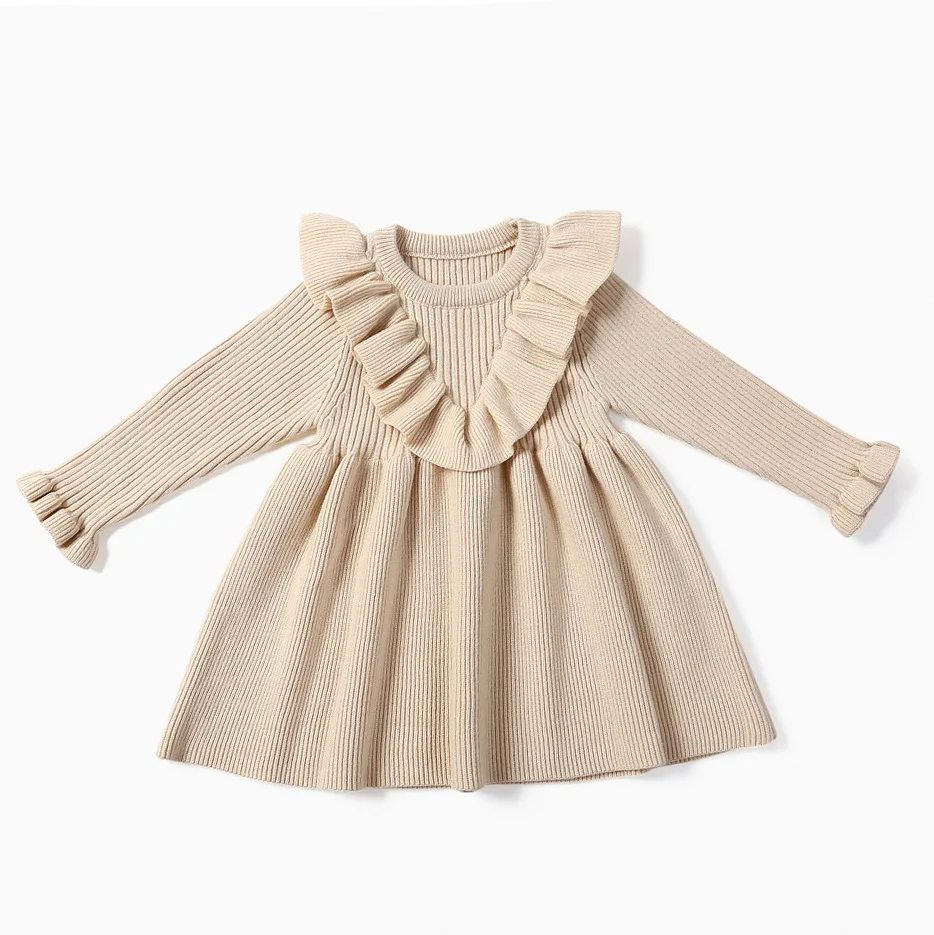 

Autumn and winter new kids dresses for girls solid color casual warm girls ruffled long-sleeved dress baby knitted dress 0-3y