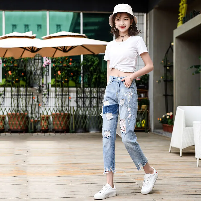 Женские широкие джинсы шаровары kostum рваные с высокой талией повседневные