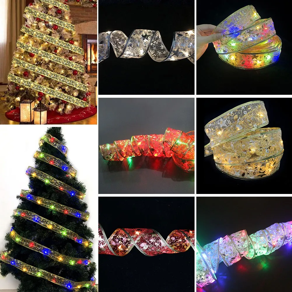 

10M LED Ribbon Christmas String Lights Christmas Tree Topper Bow Ribbon Decor Hanging Ornaments New Year 2022 Navidad