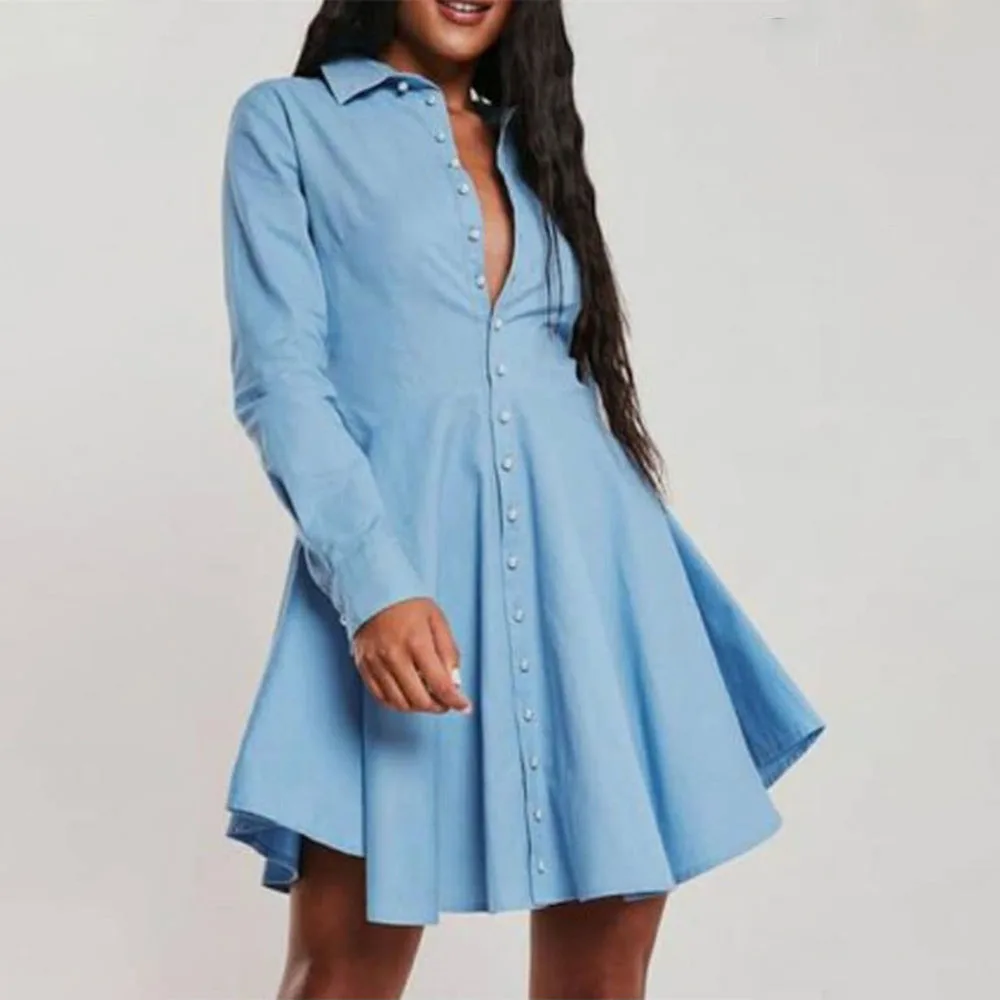 

2021 Summer New African Oversize Western Style Sexy Women's Dress Solid Color Single-breasted POLO Collar Long Sleeve