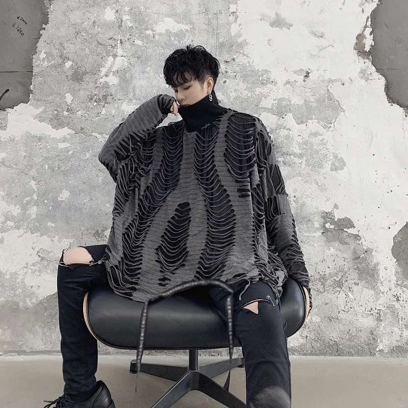 Spring autumn men ripped hole oversized punk hoodie stand collar sweatshirt vintage patchwork loose pullover | Мужская одежда