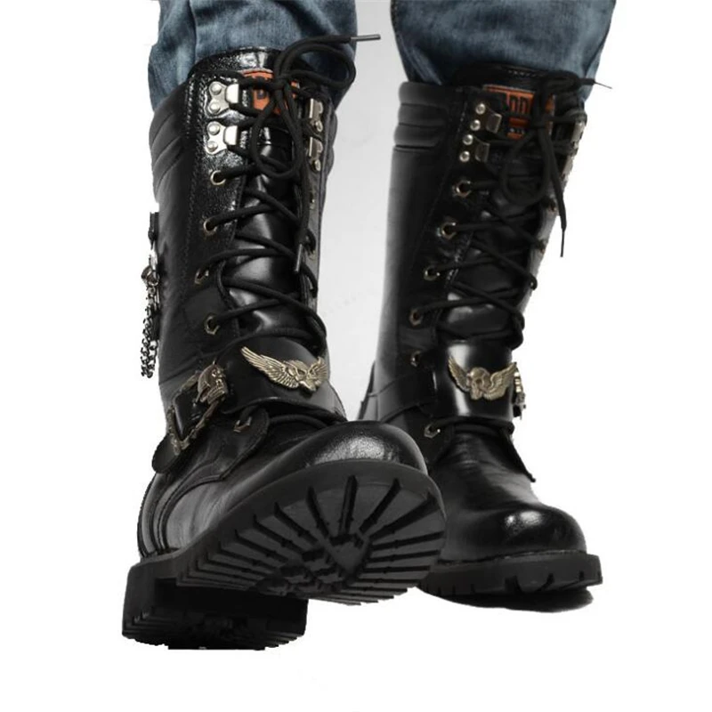 

Fashion Men Motorcycle Boots Cool Skull Combat Army Men Boots Punk Goth Biker Men Boots Leather Men Shoes High Top Casual Boot