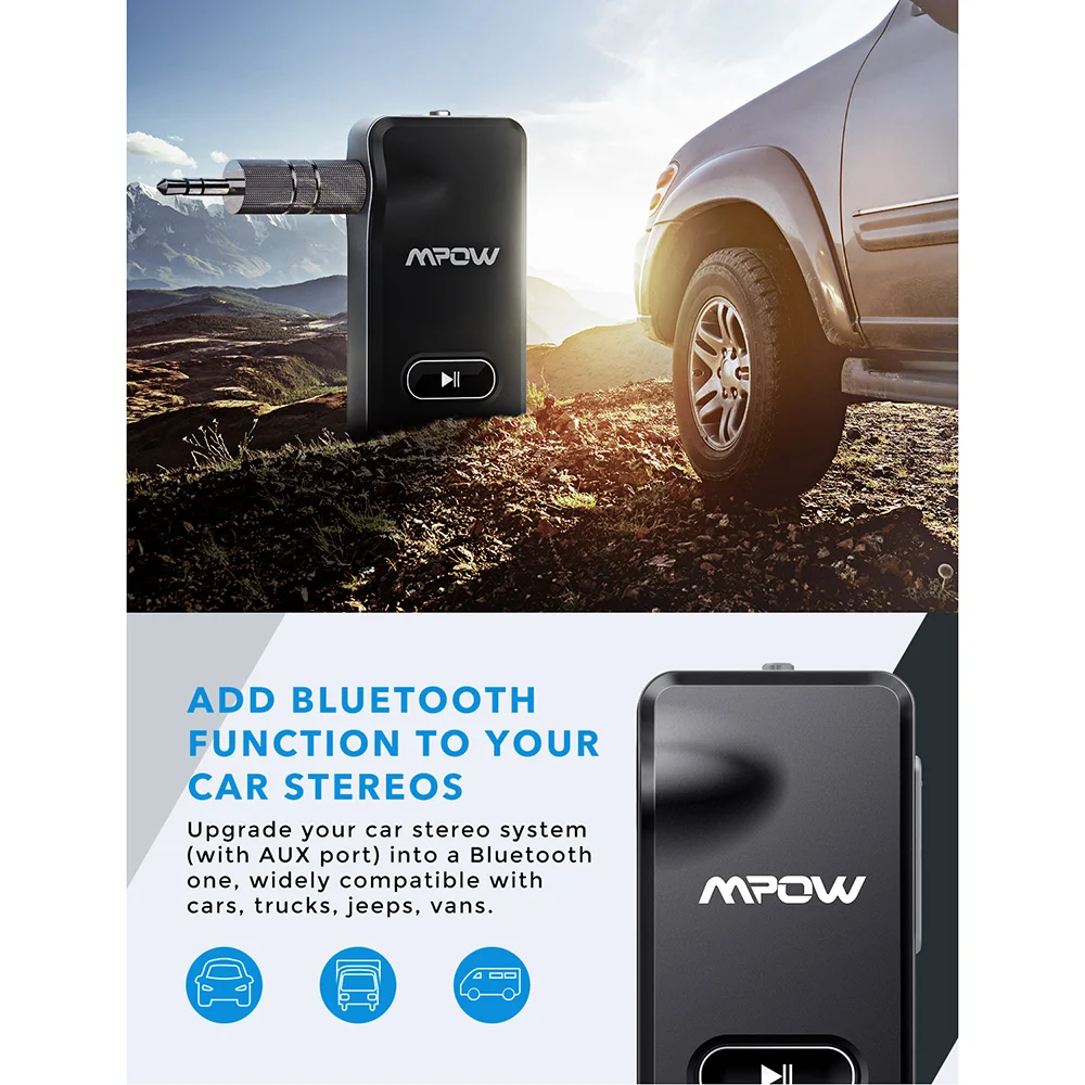 Mpow BH129 Bluetooth Audio Receiver V5.0 Wireless Adapter with CVC6.0 Noise Cancelling Mic Handsfree Calling Dual Link for Car |