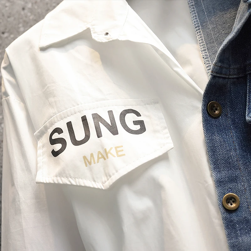 Женская джинсовая рубашка в стиле пэчворк белая Повседневная модная блузка с