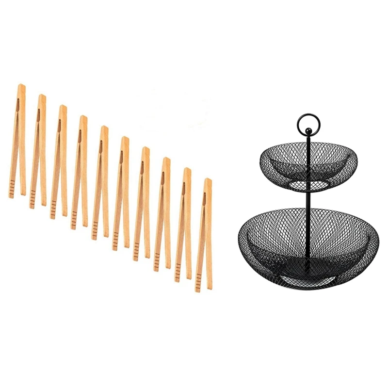 

10 шт., бамбуковые щипцы для тостов, 7 дюймов, 1x 2-ярусная корзина для фруктов, черные