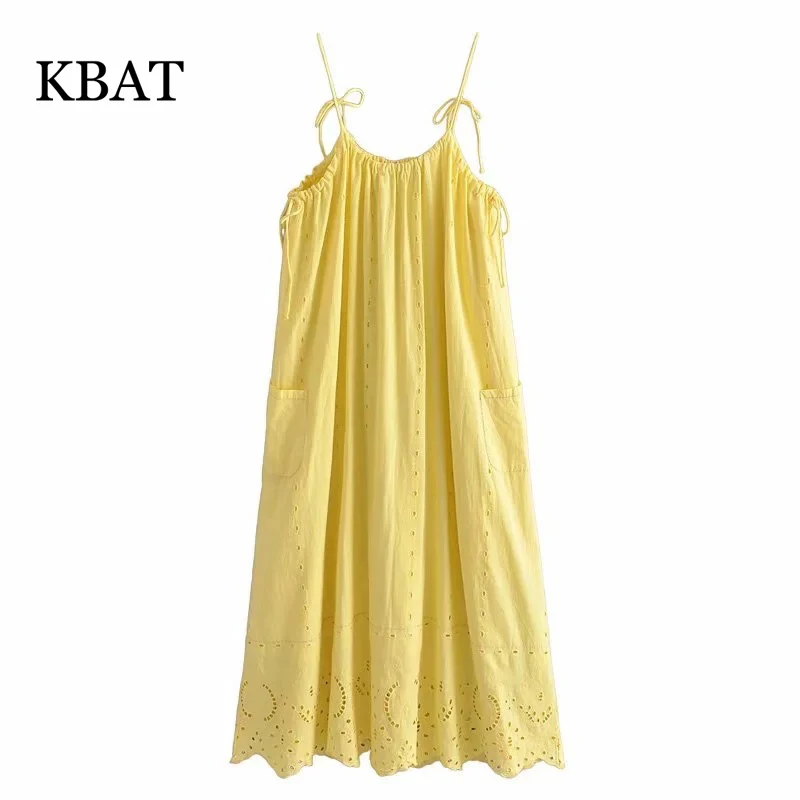 

KBAT Yellow Long Dress Woman Embroidery Slip Backless Dresses Women Pleated Casual Maxi Dresses Ladies Cutwork Strappy Dress