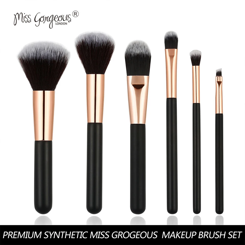 Набор косметических кистей Miss Gorgeous из 6 штук с черной ручкой для нанесения румян, подводки для бровей, губной помады, пудры, корректора и для носа.