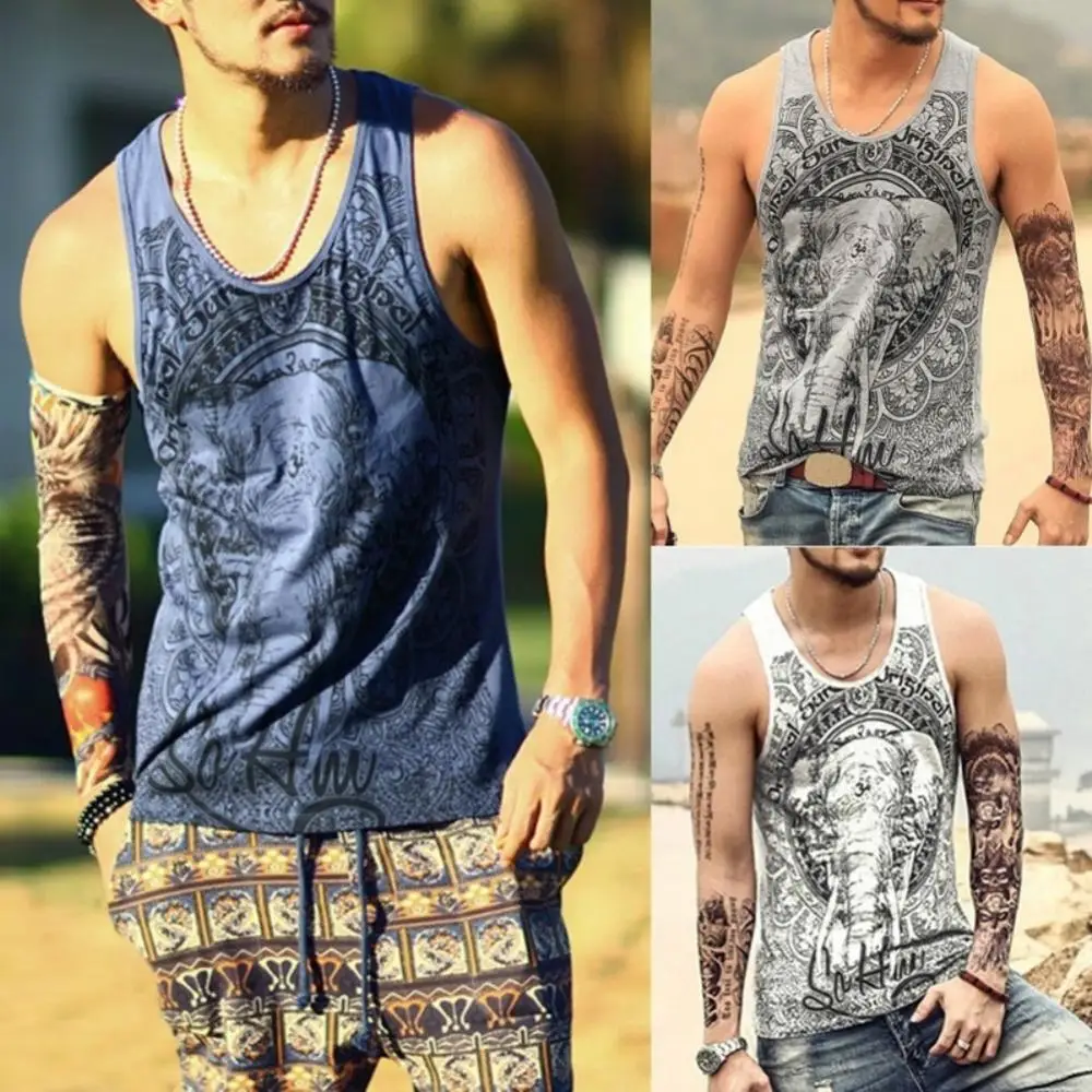 

Vintage Elephant Print Men Summer Bodybuilding Vest Loose Sleeveless Top