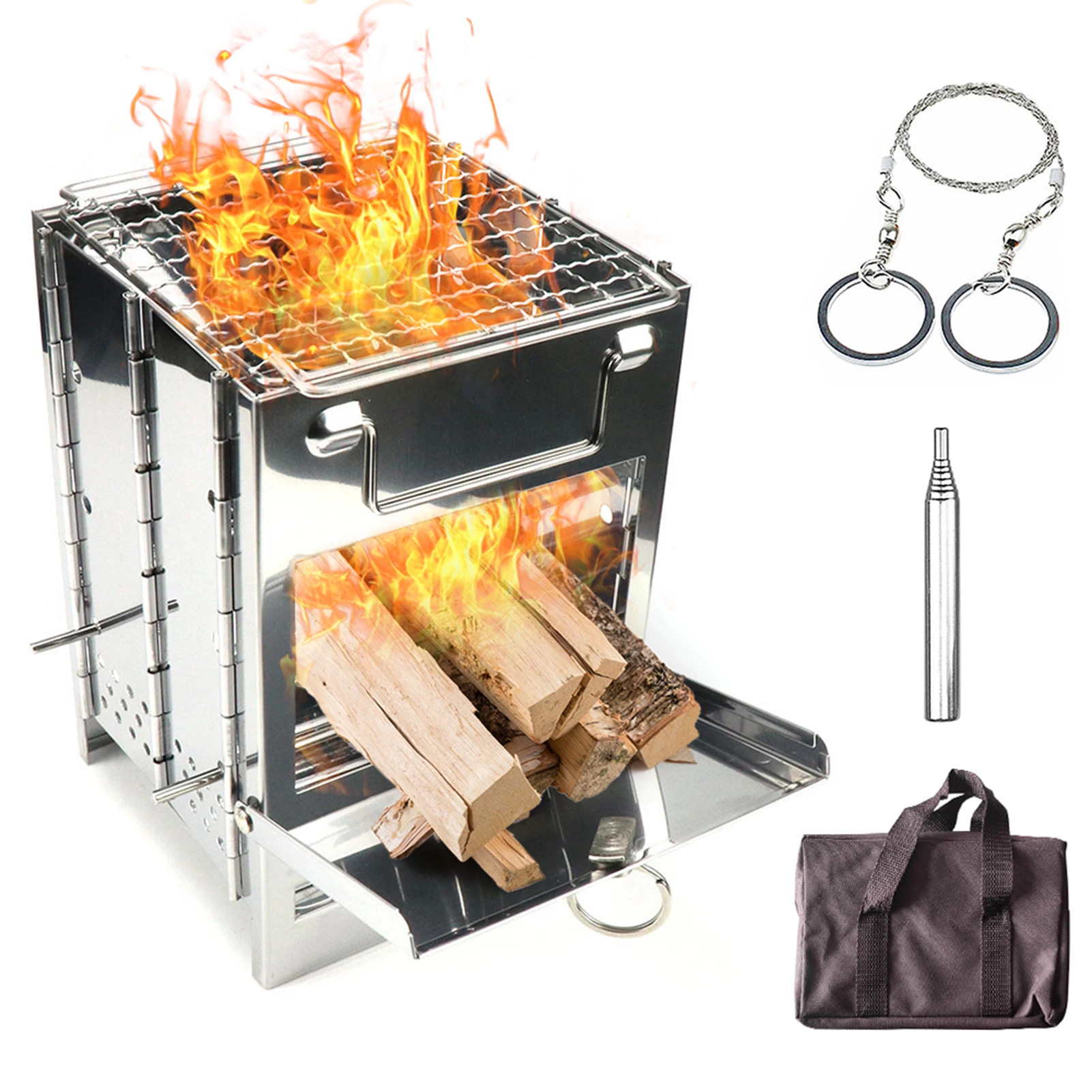 

Folding Wood Burning Stove Blowpipe Wire Saw Kit Mini BBQ Grill with Carry Bag for Backpacking Hiking Camping Cooking