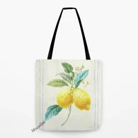 nordic watercolor lemon hand painted green small fresh fruit style shopper tote bag water resistant linen casual shoulder bag