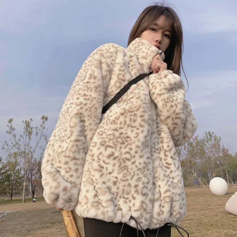 

2021 new winter Korean zipper top lamb leopard plush short coat imitation Rex Rabbit Fur grass fur coat female