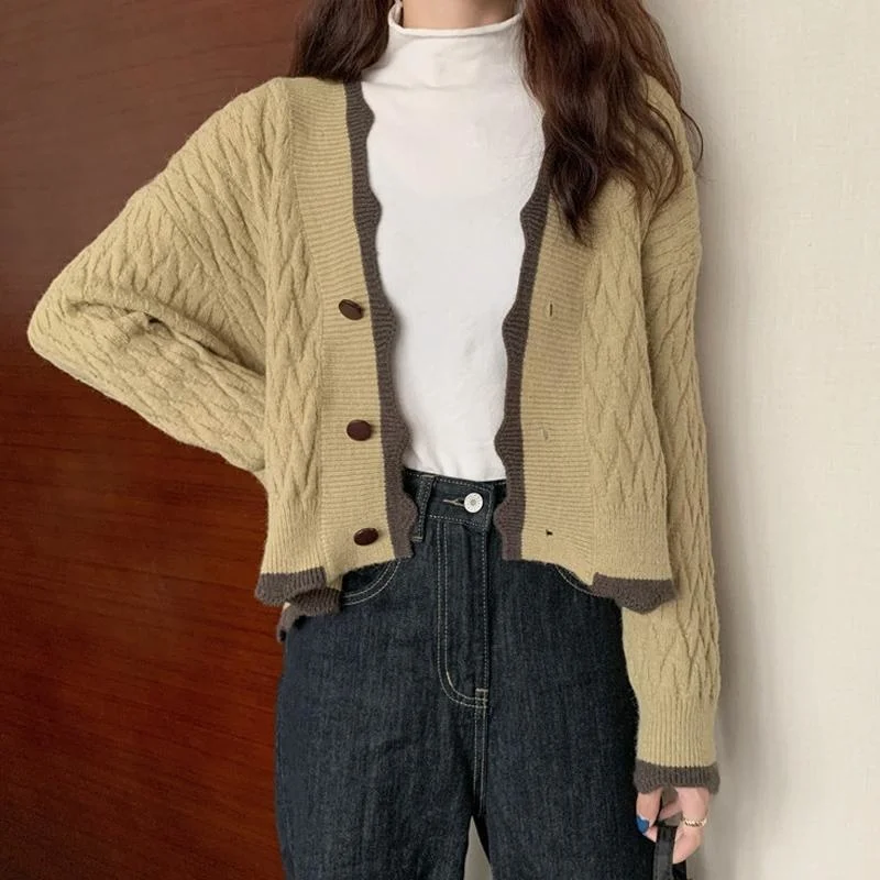 Осенне-зимний новый корейский вязаный кардиган с v-образным вырезом контрастного