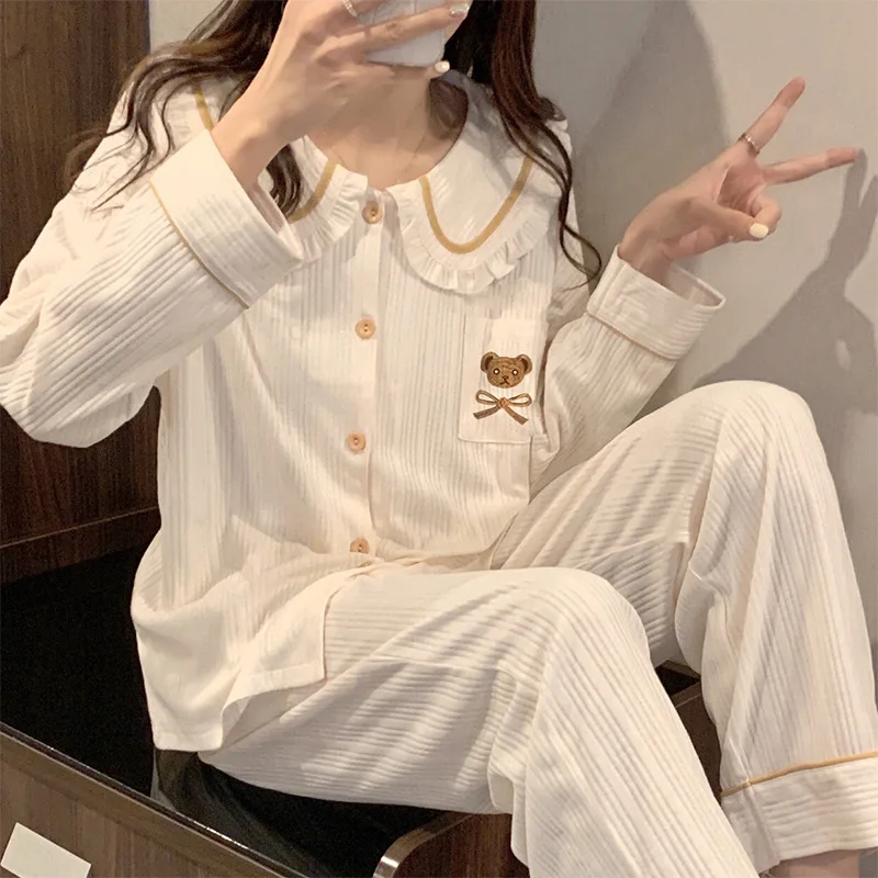 

Princess Style Doll Collar Pajamas Women Spring And Autumn Long-Sleeved White Cute Student Home Service Two-Piece Suit