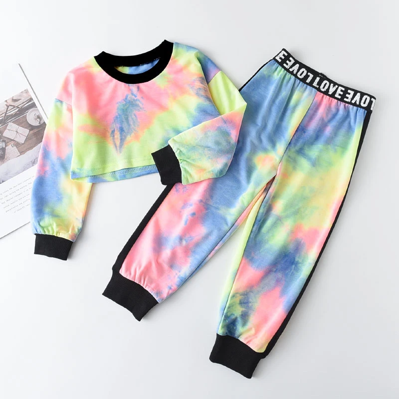 2-6Y Girl Sets Kids Toddler Clothes Autumn Summer Casual 2PCS Tie-Dye Short Crop Top+Long Pants Bebes Set Suit Clothing | Мать и ребенок