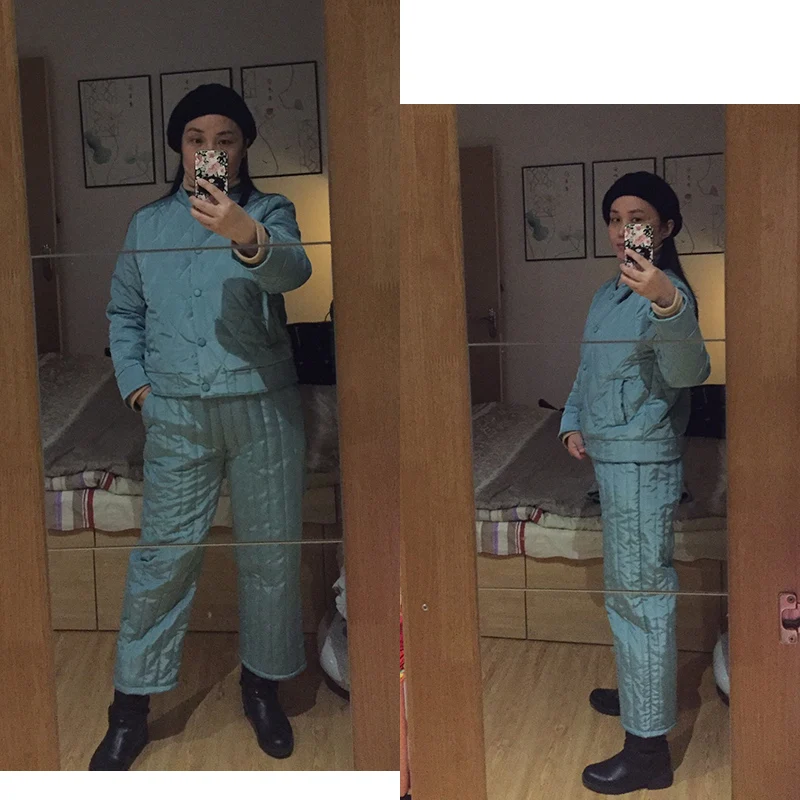 

Winter Fashion Korean Thicken Down Jackets Suits Women Elegant Long Sleeve Warm Coat + Baggy Wide leg Pants Vintage 2 Piece Sets