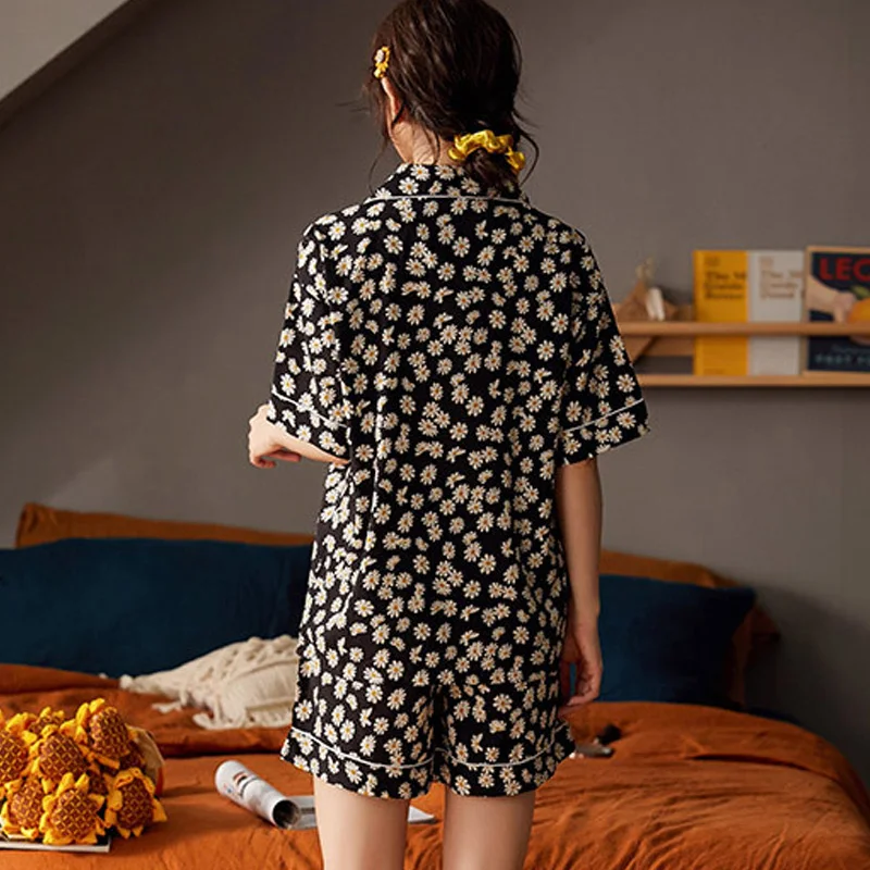 

Pyjamas For Women Cotton Short Sleeves Ladies Pajama Sets Shorts Fresh Daisy Print Japanese Simple Sleepwear Homewear Pijamas