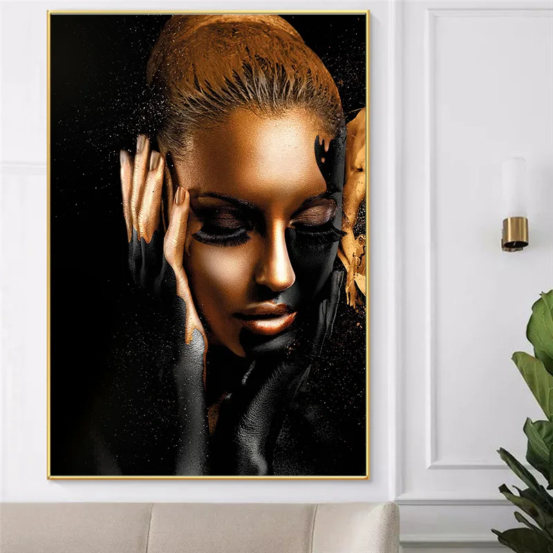 

Black Gold African Art Woman Oil Painting on Canvas Cuadros Poster and Printmaking Scandinavian Wall Living Room Picture