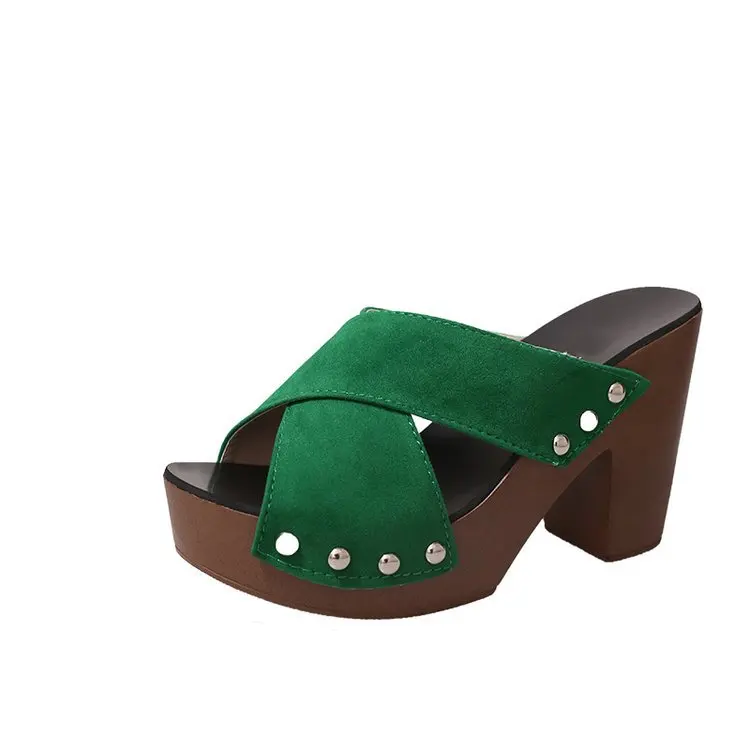 

Summer Women Sandals Square High Heel Platform Flock Casual Rivet Pumps Peep Toe Female Elegant Ladies Shoes Zapatos De Mujer