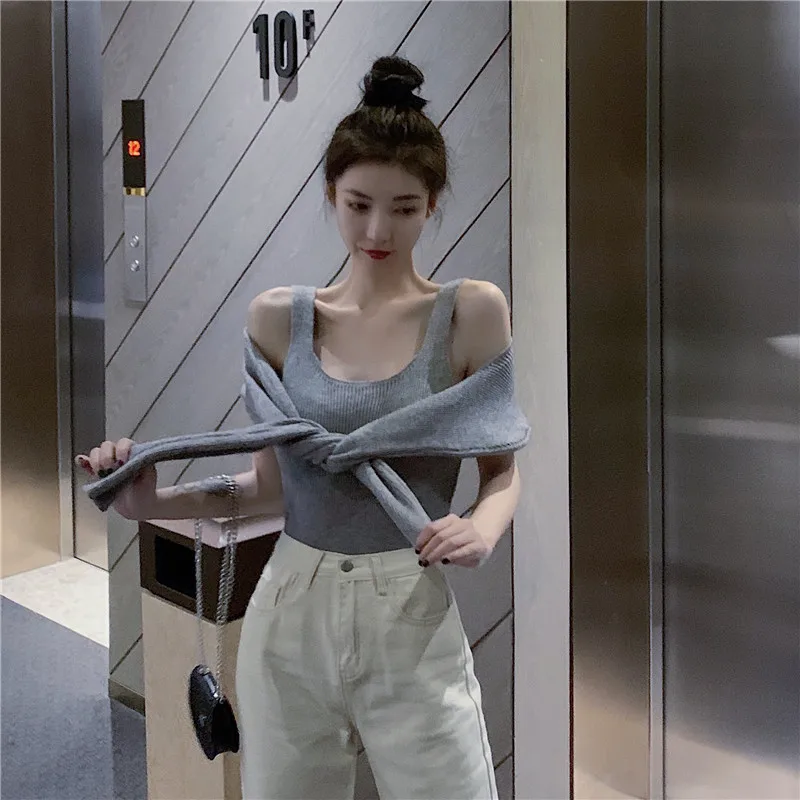 Простые Женские свитера с длинным рукавом и пуловеры комплект из двух предметов