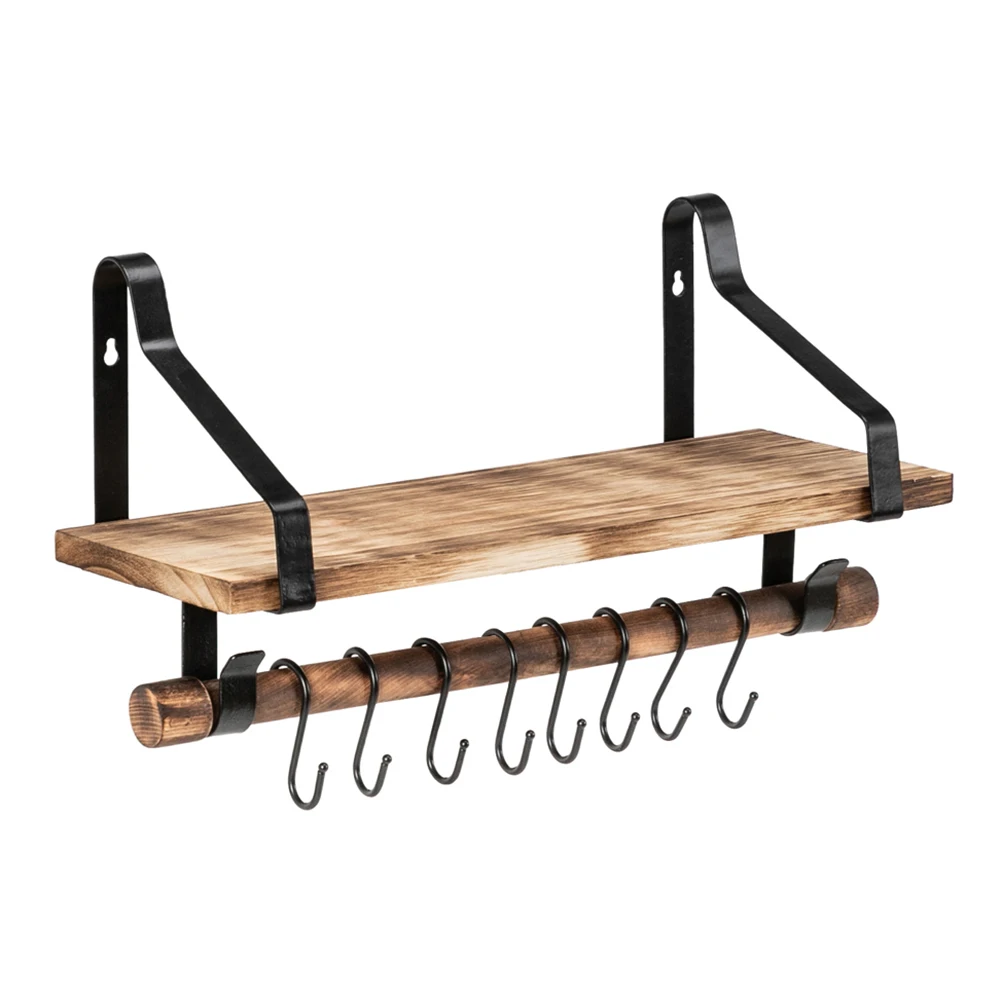 

Kitchen Storage Container Organizers Storage Floating Wall Shelf Rustic Wood Kitchen Spice Rack with Towel Bar 8 Removable Hooks