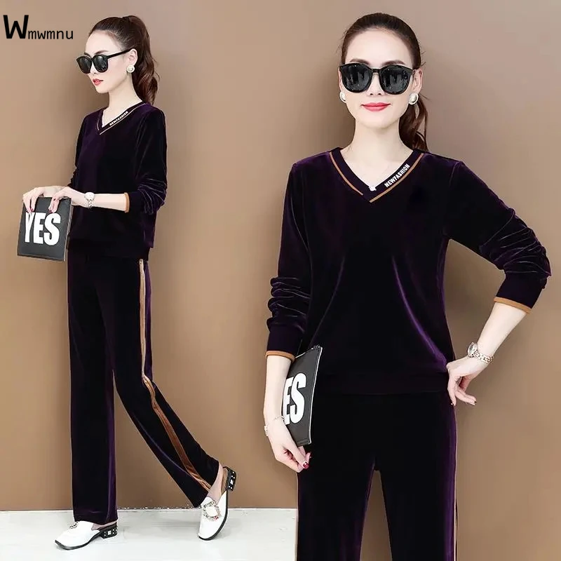 

Casual Black Velvet Tracksuit Women Trendy Loose fitness sweatpants Fashion V-neck Pullover Tops 2 Piece Set Jogger Outfit