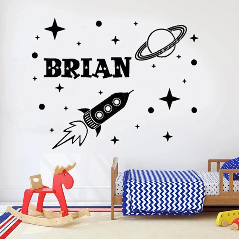 

Cartoon Personality Custom Name Wall Stickers For Kids Room Mural Star Rocket Planet Decals Vinyl Livingroom Decor Poster HJ0696