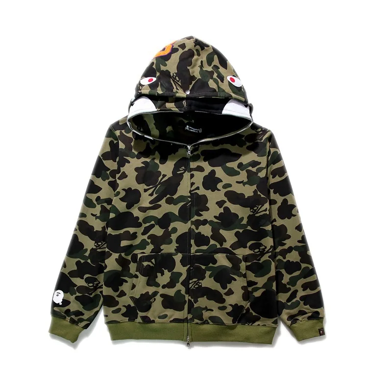 

Hoodies Winter Casual Camouflage Fleece-lined Double Hood Coat Bape Shark Harajuku Streetwear Oversized Men Clothing