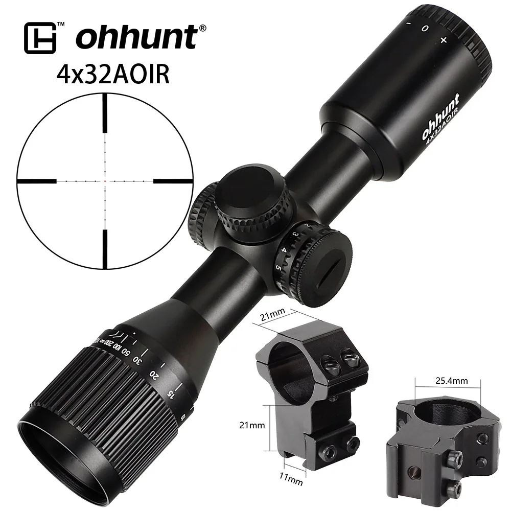 with Dovetail Rings Охота ohhunt 4X32 AOIR Компактный Тактический широкий угол оптические прицелы Mil точка с подсветкой Стекло гравированная сетка Оптика прицел - Цвет: with Dovetail Rings