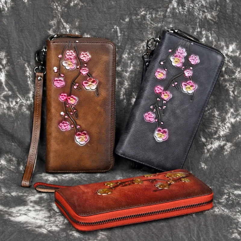 

Women's Leather Wallet Retro Frosted Embossed Plum Long Purses European and American Zipper Female Clutch Lady Coin Card Holders