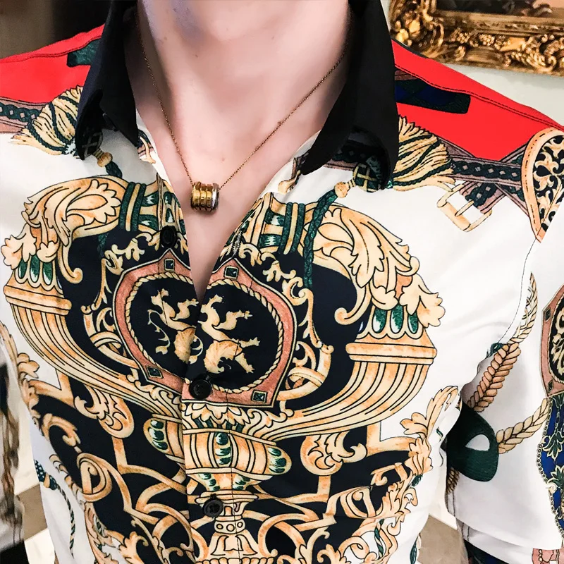 Мужские деловые рубашки с принтом в стиле барокко облегающие вечерние Camisa Homem