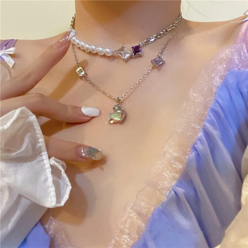 

MENGJIQIAO Korean New Elegant Pearl Choker Jewelry For Women Girls Fashion Square Crystal Stainless Steel Link Chain Necklace